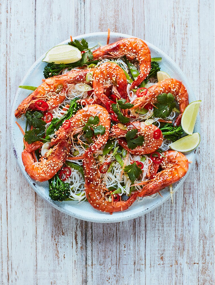 Jamie's Sticky Sesame Prawns With Zingy Rice Noodle Salad Recipe