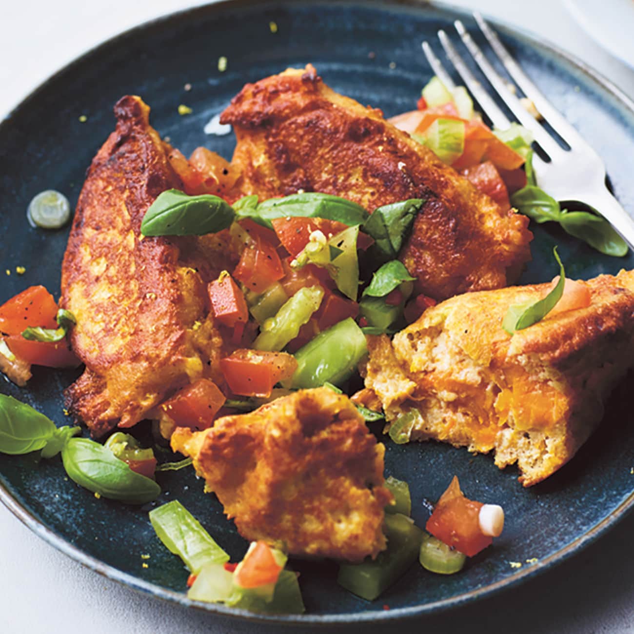 Jamies Leftover Squash Fritters With Tomato Salsa, Sweet Roasted
Squash, Ricotta Punchy Salsa