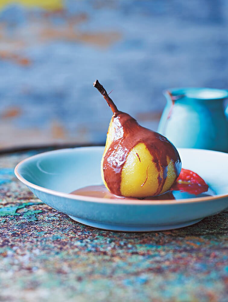 Jamies ChilliPoached Pears With Chocolate  Cardamom Sauce Recipe  Woolworths