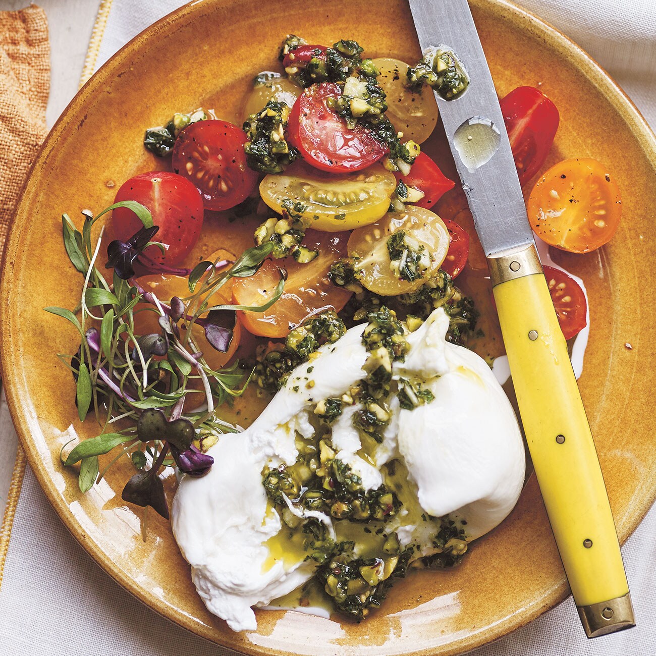 Jamie's Mozzarella With Cherry Tomatoes & Minty Pistachio Pesto Recipe