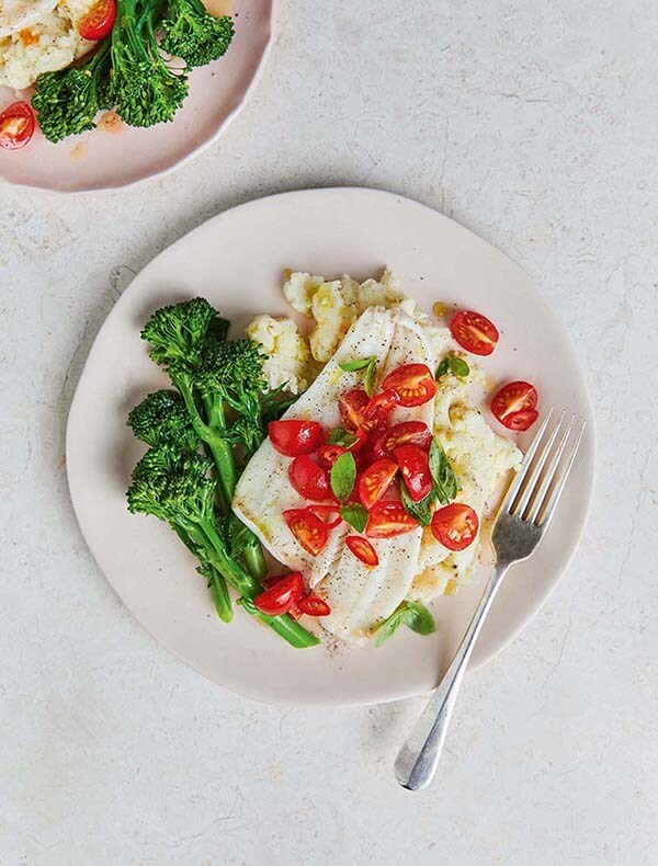 Jamie's Steamed Barramundi & Broccolini With Parmesan Mash And Tomato