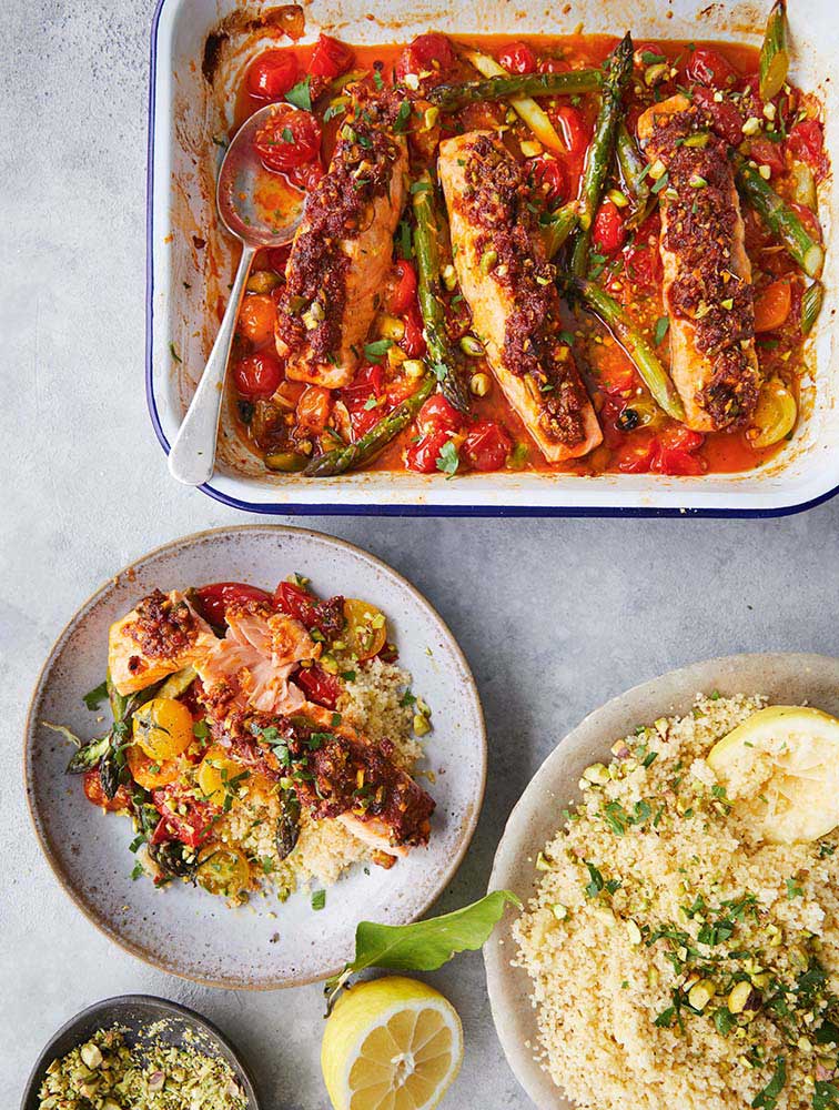 Jamie's Harissa Salmon Traybake Recipe | Woolworths